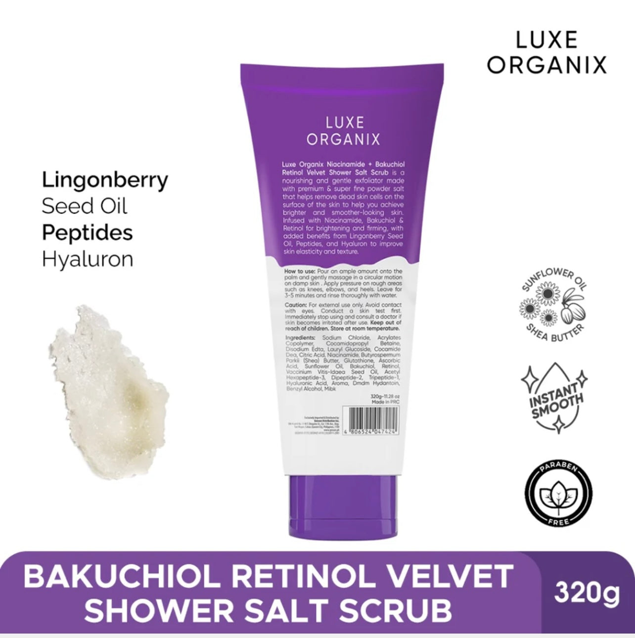 Luxe Organix Niacinamide + Bakuchiol Retinol Velvet Shower Salt Scrub