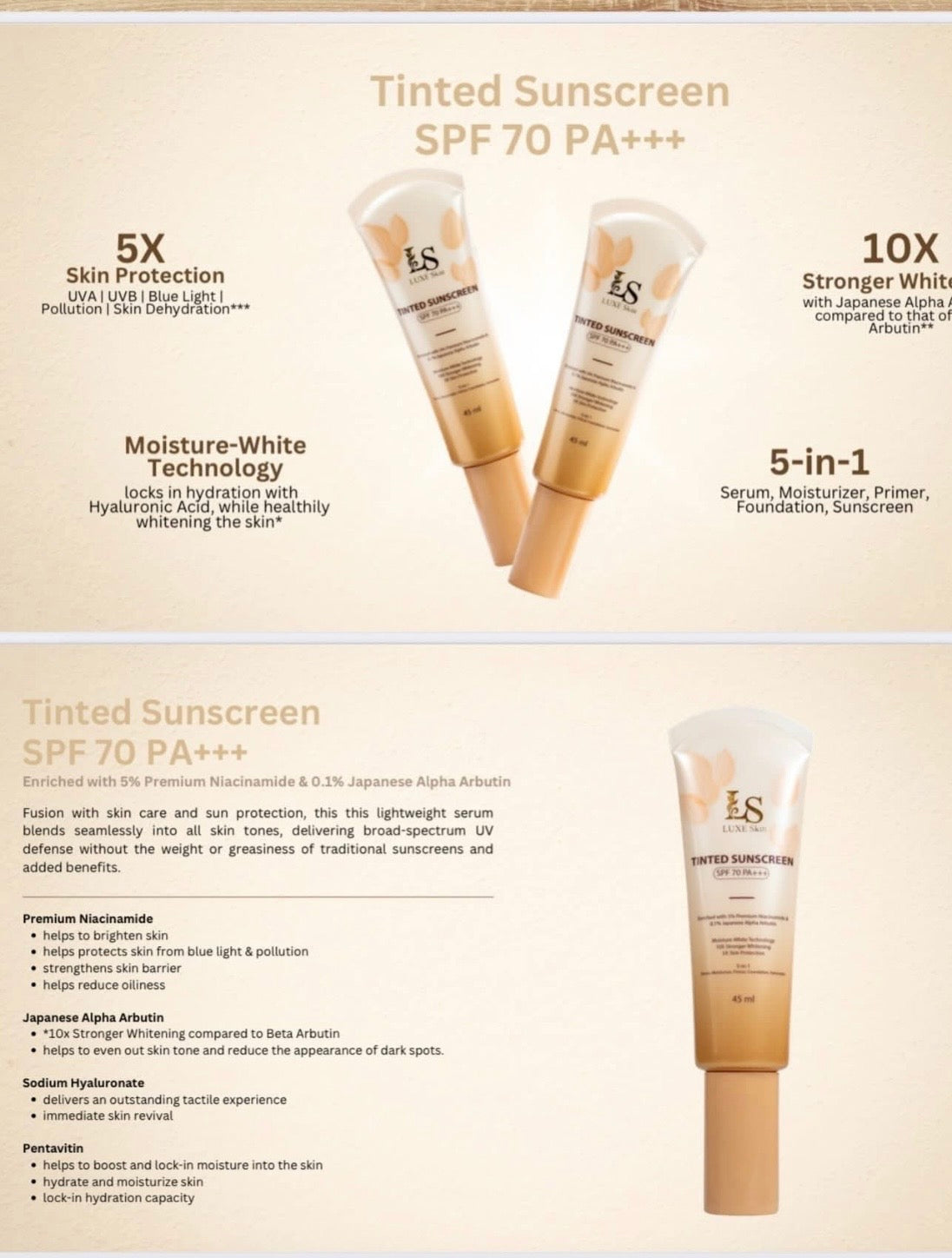 Luxe Skin Tinted Suncreen spf 70 pa+++