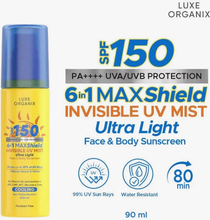 Luxe Organix SPF 150 6 in 1 Maxshield Invisible UV Mist