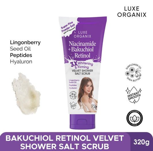 Luxe Organix Niacinamide + Bakuchiol Retinol Velvet Shower Salt Scrub